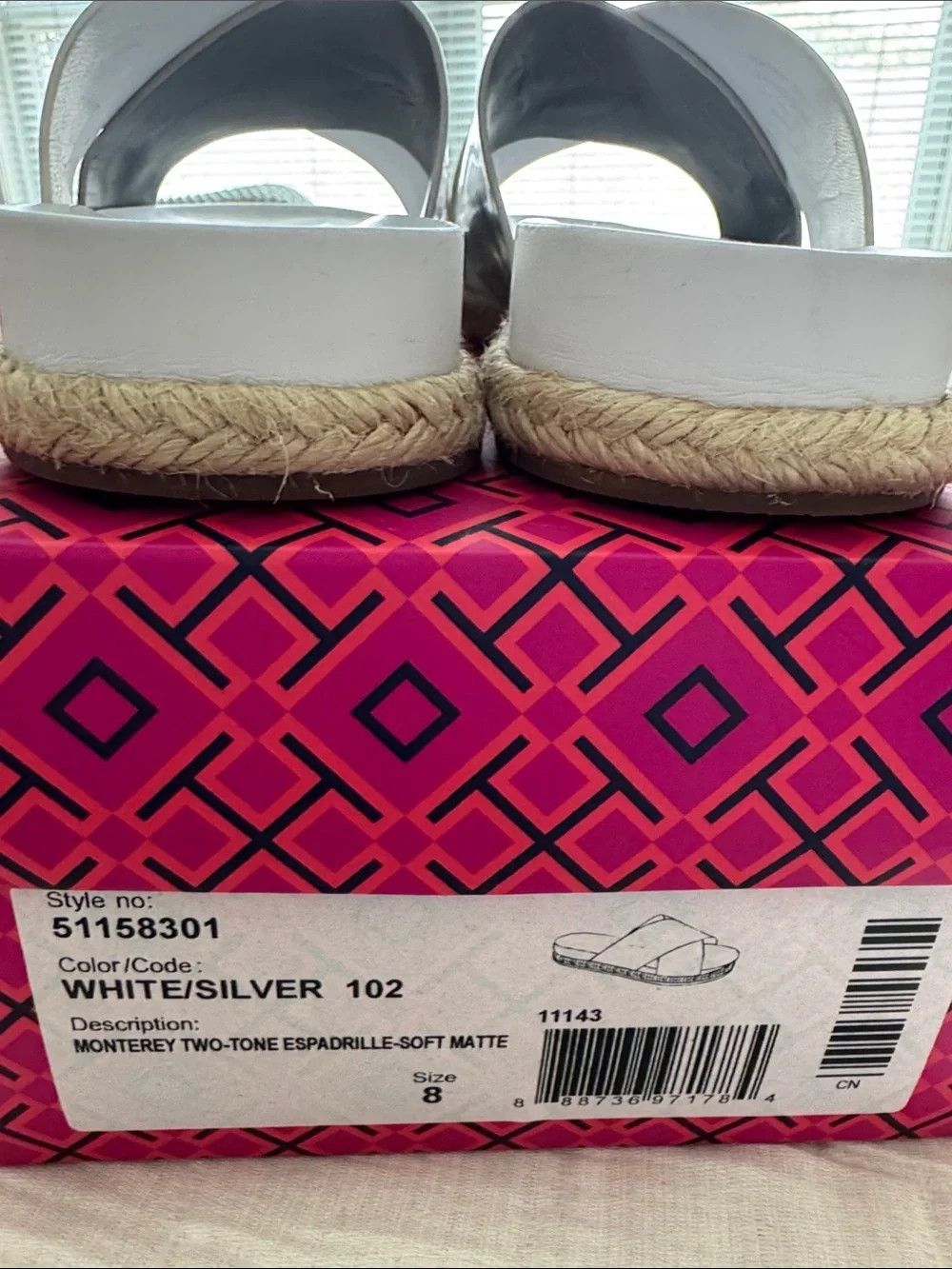 Tory Burch Monterey 2 Tone Espadrille Slide - White/Silver, Size 8